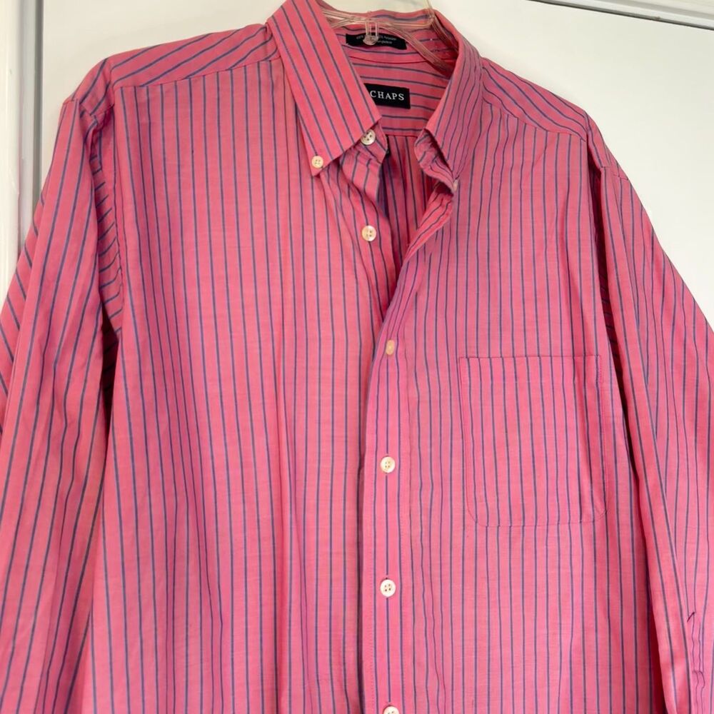VTG Chaps Men’s Long Sleeve Striped Shirt Pink Blue Cotton Blend Button Up- L